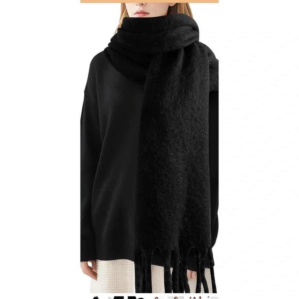 NEW Black Mohair Scarf 230x40cm | Soft Cozy Fluffy Unisex Winter Wrap